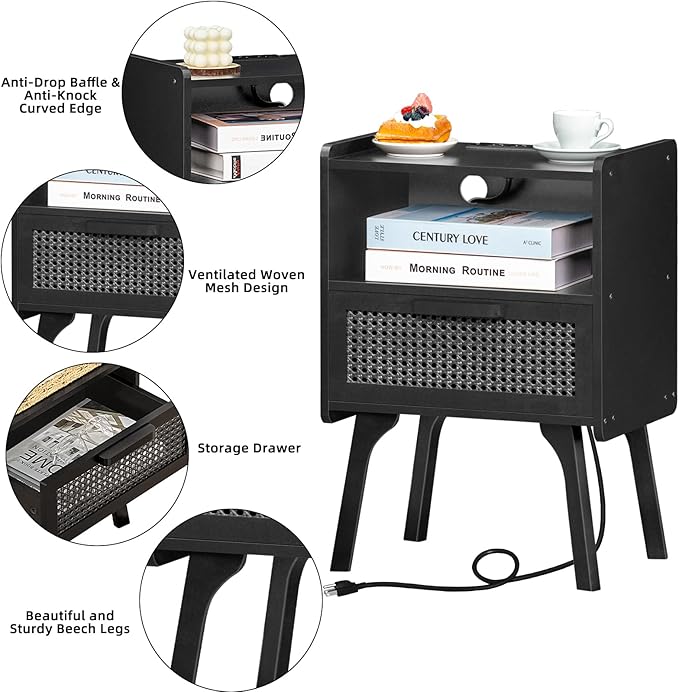 Lerliuo Rattan Nightstand with Charging Station, Side Table with Drawer Open - Image 7
