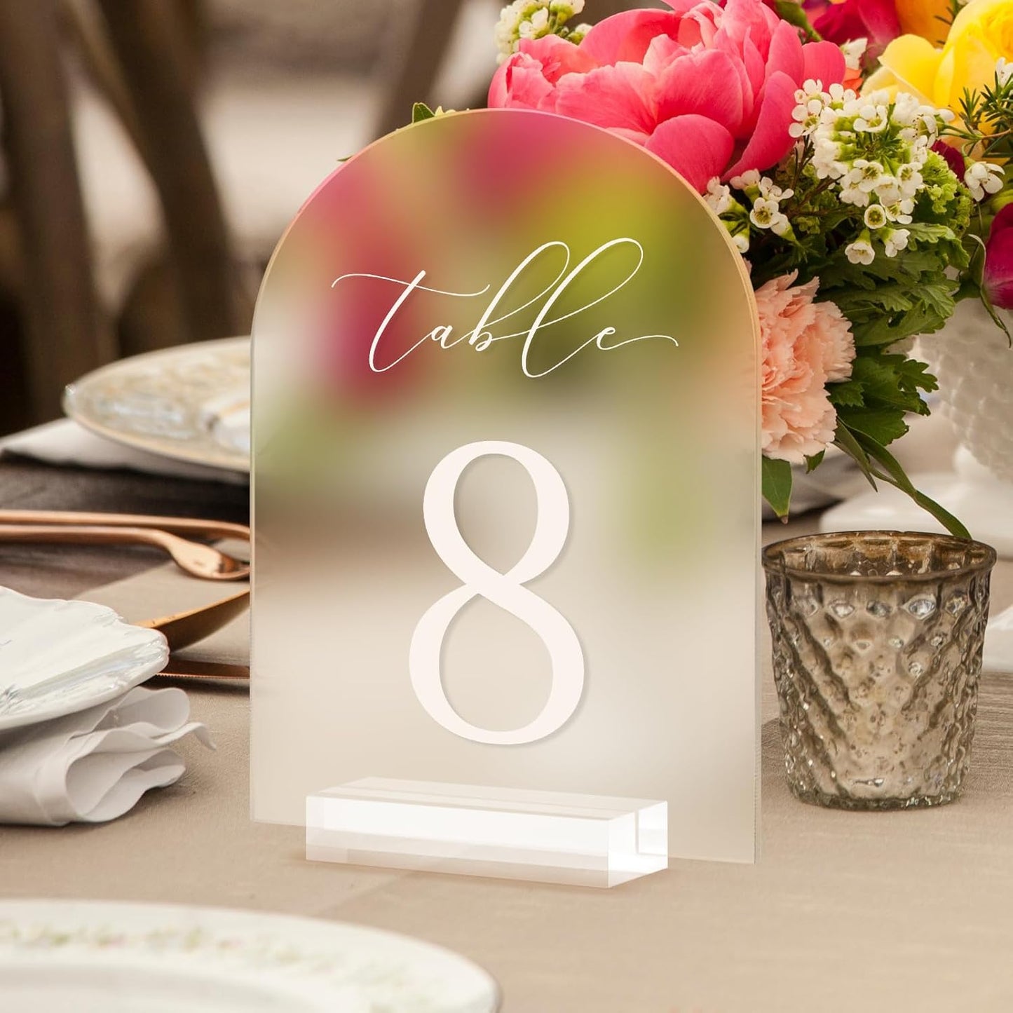 JINMURY Frosted Arch Table Numbers for Wedding, 5x7 Inch Arched Acrylic Table Numbers 1-15 with Stands, Frosted Acrylic Arch Sign with Holder for Centerpiece, Reception, Wedding, Party, Event