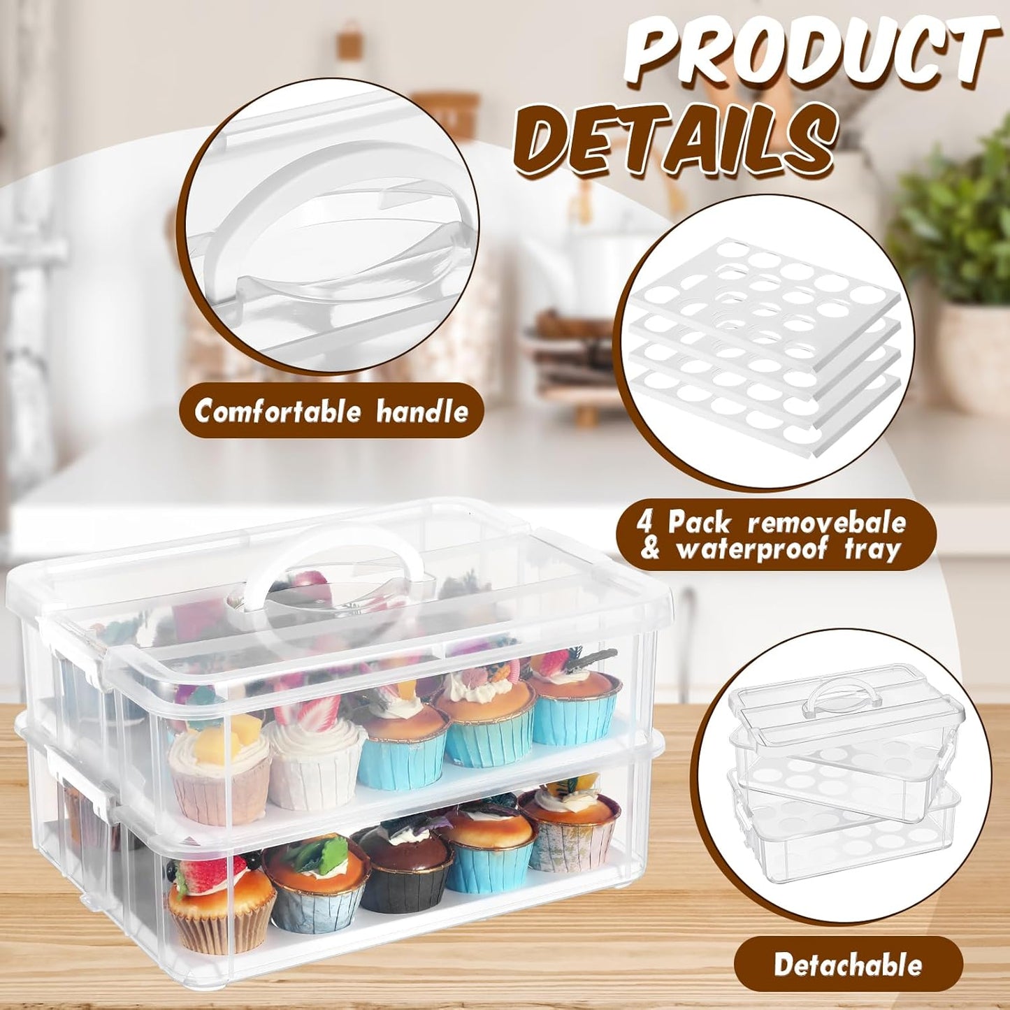 36 Cupcakes Carrier 2-layer for Cake Container Cupcake Holder with Lid and Handle Detachable Dessert Dessert Small Snack for Party Storage Container