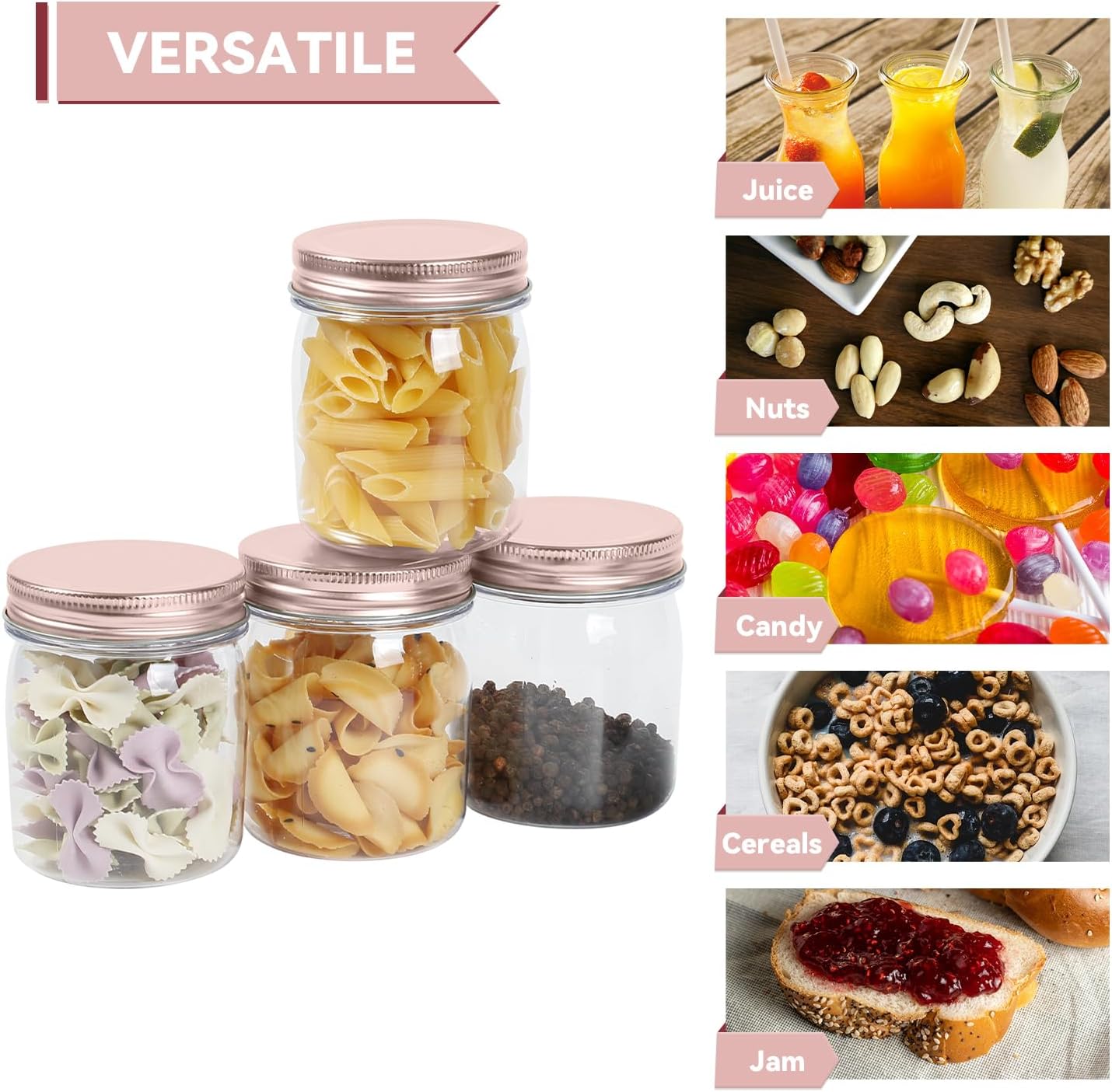 novelinks 8 oz Clear Plastic Jars with Screw-On Lids - BPA-Free Refillable Storage Containers for Slime, Spices, Crafts, Kitchen & Home Organization (48 Pack,Rose Gold)