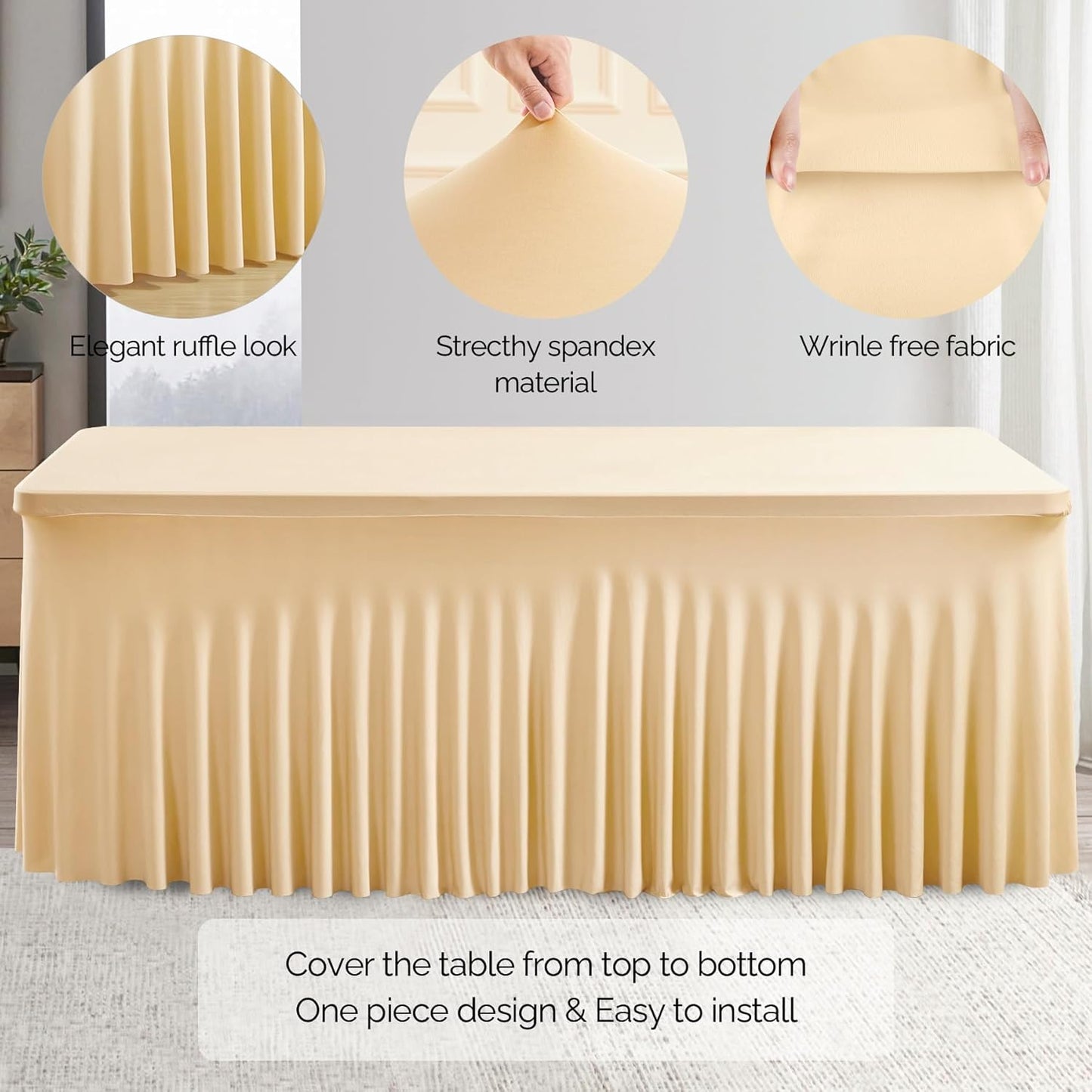 2 Pack Champagne Spandex Table Clothes for 6 Foot Rectangle Tables, 6FT Wrinkle Free Fitted Tablecloths Ruffles Design Table Cover for Party, Banquet, Wedding and Events