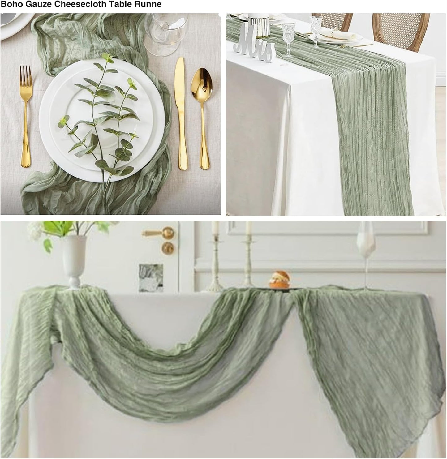 12 Pack Sage Green 10Ft Cheesecloth Table Runner 20x120 Inch Boho Wrinkled Sheer Romantic Gauze Decor for Wedding, Bridal Shower, Birthday Party