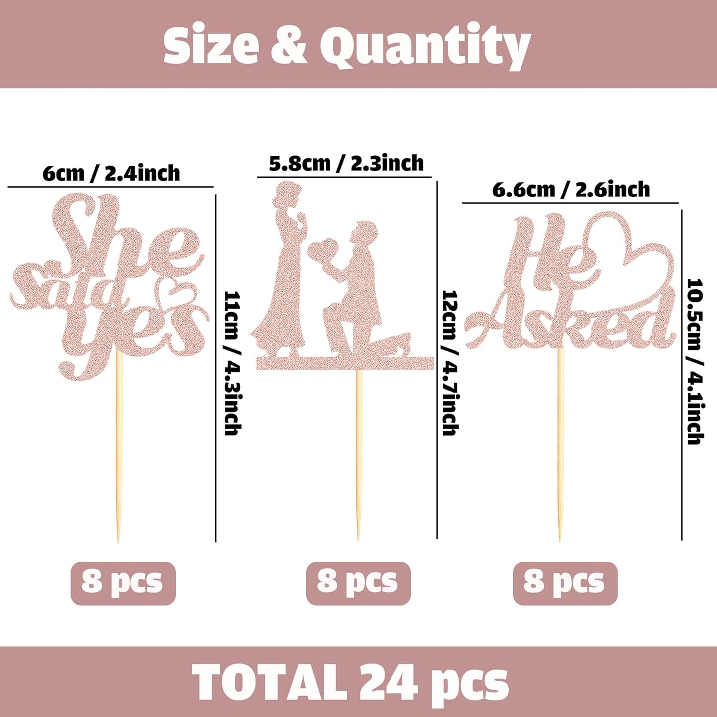 Sotpot 24PCS He Asked She Said Yes Cupcake Toppers With Heart Rose Gold Glitter for Wedding Bridal Shower,Wedding Engagement Party Cake Decorations