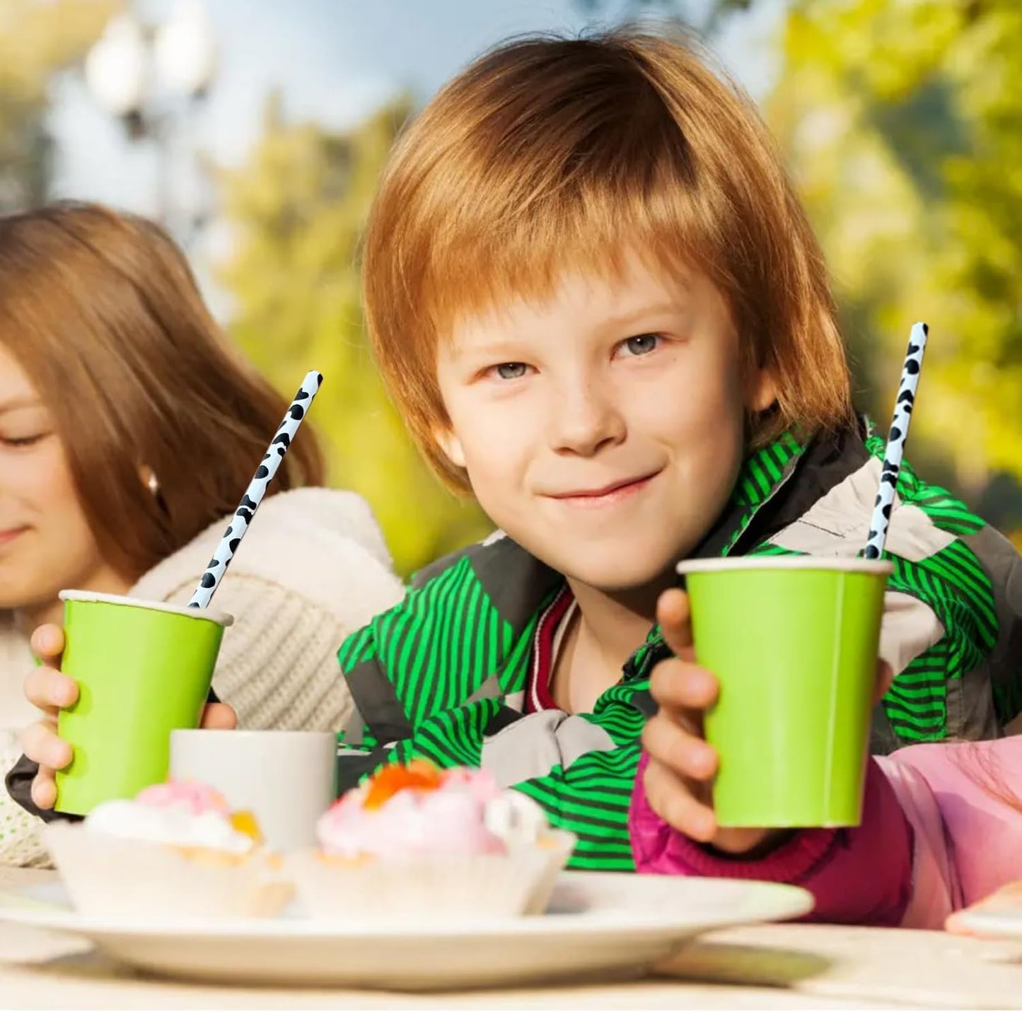 YAOSHENG [100 Pack] Pink & Gold Paper Straws Disposable, 100% Biodegradable Multi-Pattern Party Straws For Birthday, Wedding and Holiday Decoration (cow)