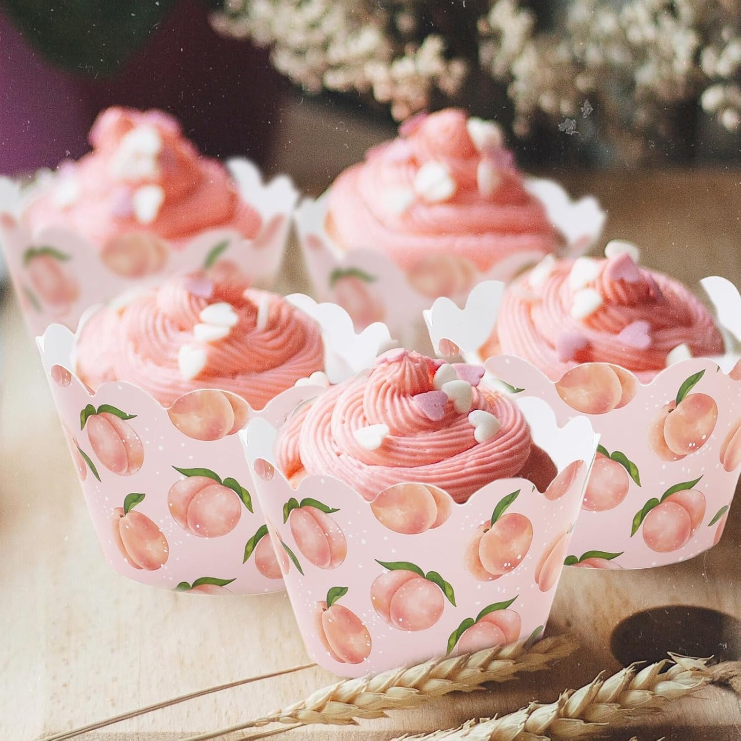 Whaline 36Pcs Peach Cupcake Wrappers Watercolor Pink Peach Cupcake Liners Decorative Cupcake Holders for Summer Baby Shower Party Cake Decoration