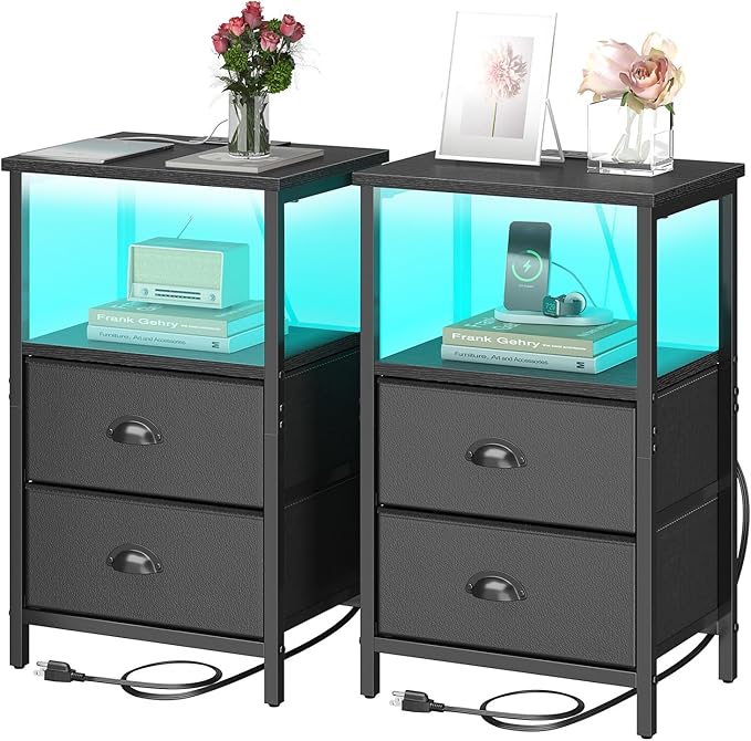 sthmec Nightstand with Charging Station, LED Night Stand Set 2, Bedside Table by Unknown