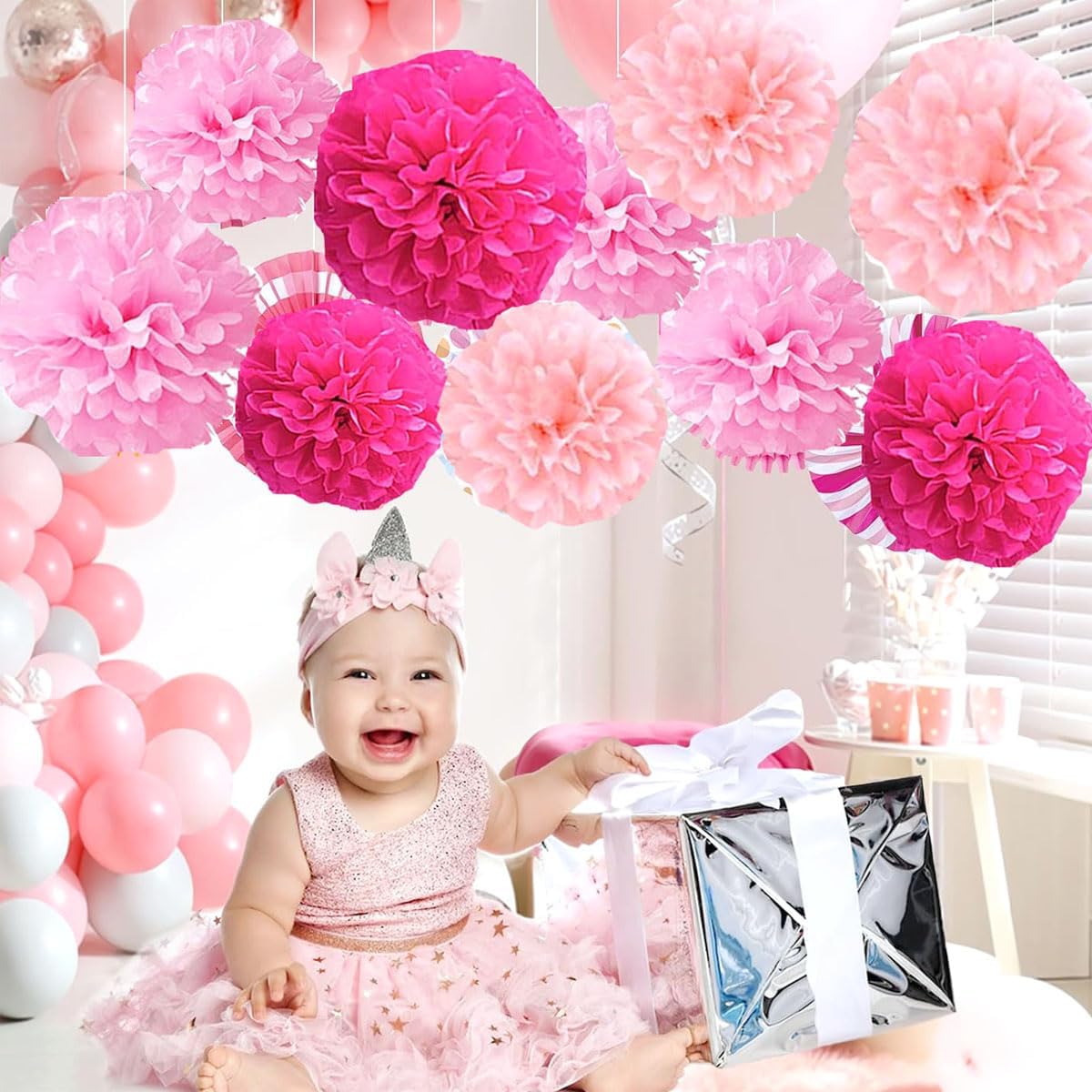 12pcs 8in 10in Pink Kit Paper Pom Poms Tissue Paper Flower Hanging Paper Flower Balls Wedding Party Flower Decorations DIY Art Craft Blooms for Birthday Baby Shower Nursery Decor