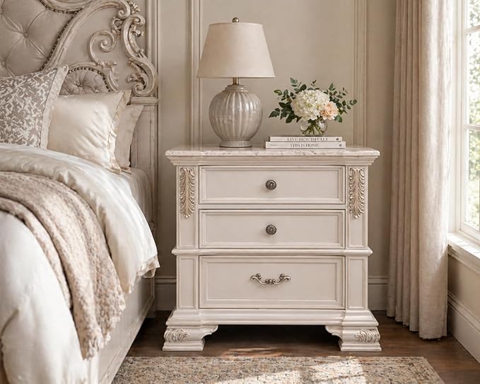 First of a Kind Traditional Wood Bedside Table Santa Monica Collection White by FirstofaKind