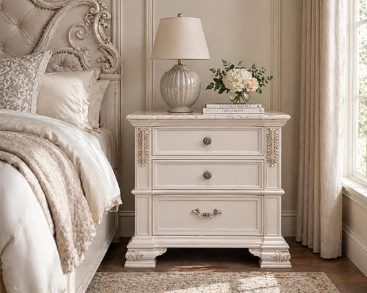First of a Kind Traditional Wood Bedside Table Santa Monica Collection White by FirstofaKind