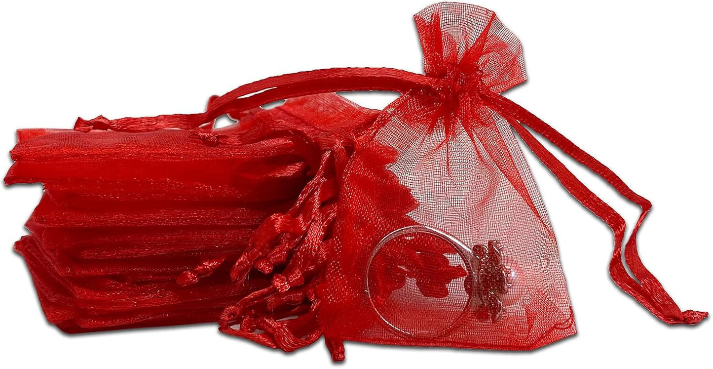TheDisplayGuys 100-Pack XS 2" x 2 3/4" Red Sheer Organza Gift Bags with Drawstring, Jewelry Candy Treat Wedding Party Favors Mesh Pouch