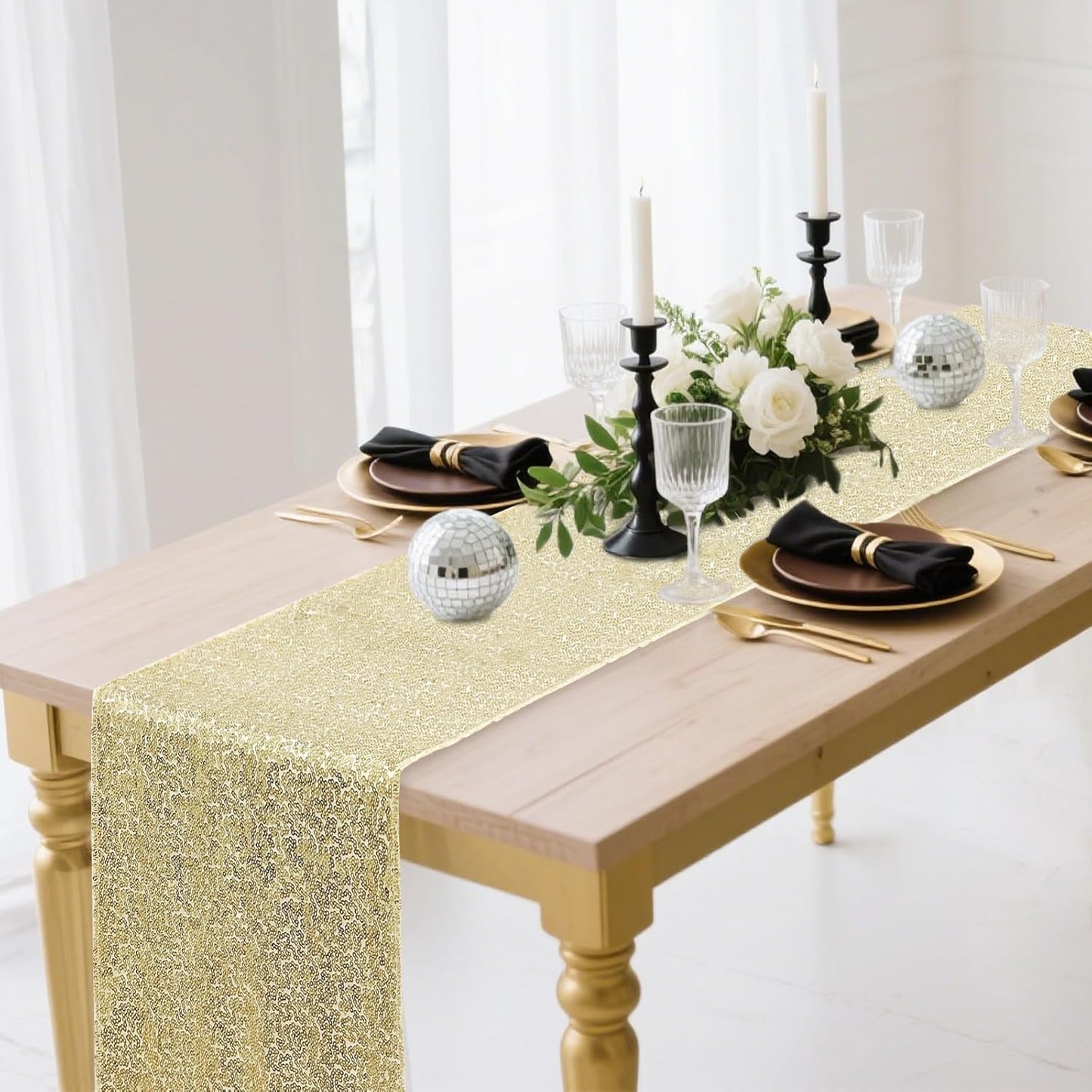 2 Packs 12 x 72 inches Sequin Table Runner, Champagne Glitter Table Runner for Birthday Party Supplies Wedding Engagement Baby Shower Holiday Celebration Event Decorations