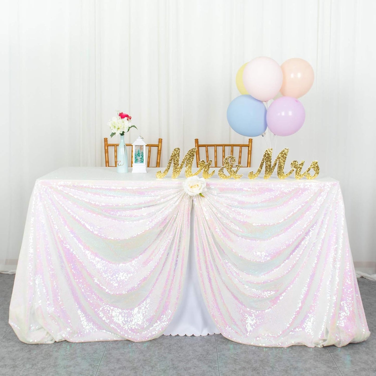 ShinyBeauty Square Tablecloth 72x72-Inch Sequin Tablecloth Overlay Iridescent White Table Cover Sequined Table Cloths for Wedding White Tablecloth Linen Square Overlay for Cocktail/Dessert