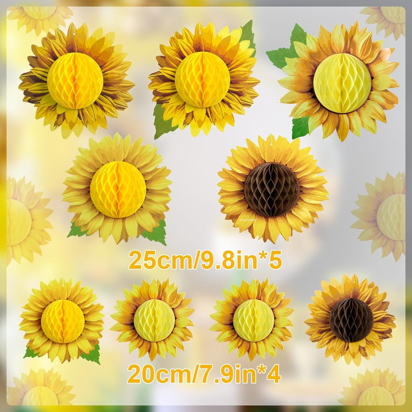 SUNBEAUTY 9 PCS 10 Inches Sunflower Decorations for Party 3D Large Honeycomb Hanging Paper Decorations Birthday Yellow Ceiling Wall Tissue Flowers Summer Fall Sunflower Farm Paper Flowers Decorations