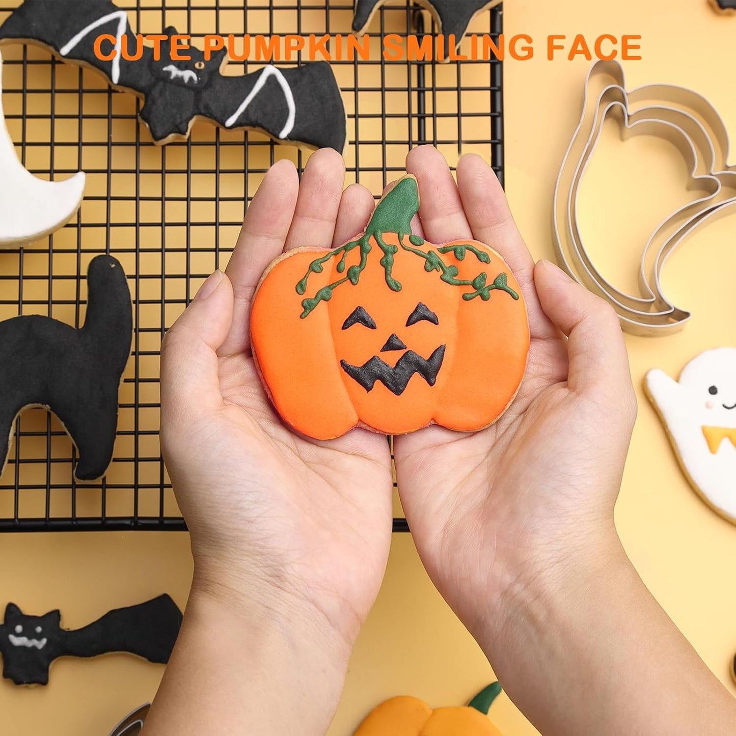 Halloween Cookie Cutters Set 12 Pcs, Stainless Steel Holiday Cookie Cutters Shape, 5.15” Bat, 3.54” Pumpkin, 3.34” Ghost, 3.5” Cat, Various Sizes Cute Cutters for Halloween Baking Party Decorations