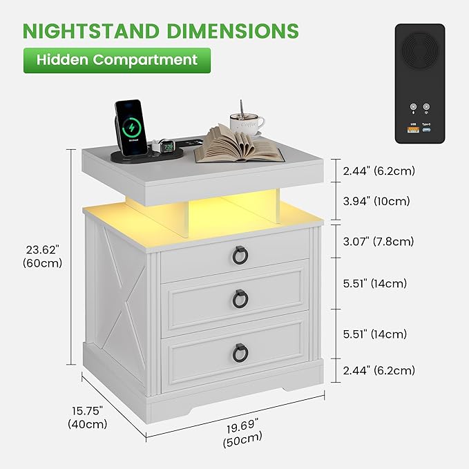 HNEBC Night Stand with Gun Drawers, Farmhouse Nightstand with Charging Station - Image 2