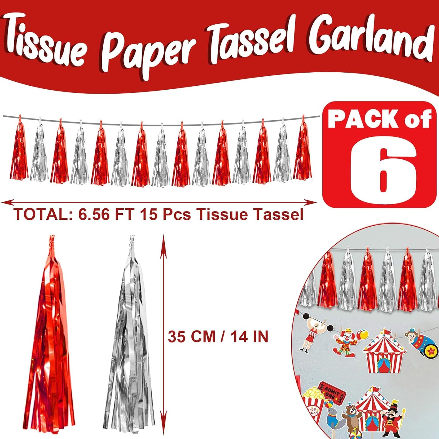 6P Red Silver Foil Fringe Metallic Tassel Streamers Banner Tassel Garland for Parade Floats, Bachelorette, Wedding, Birthday, Graduation, Christmas, Bridal/Baby Shower Party Decorations