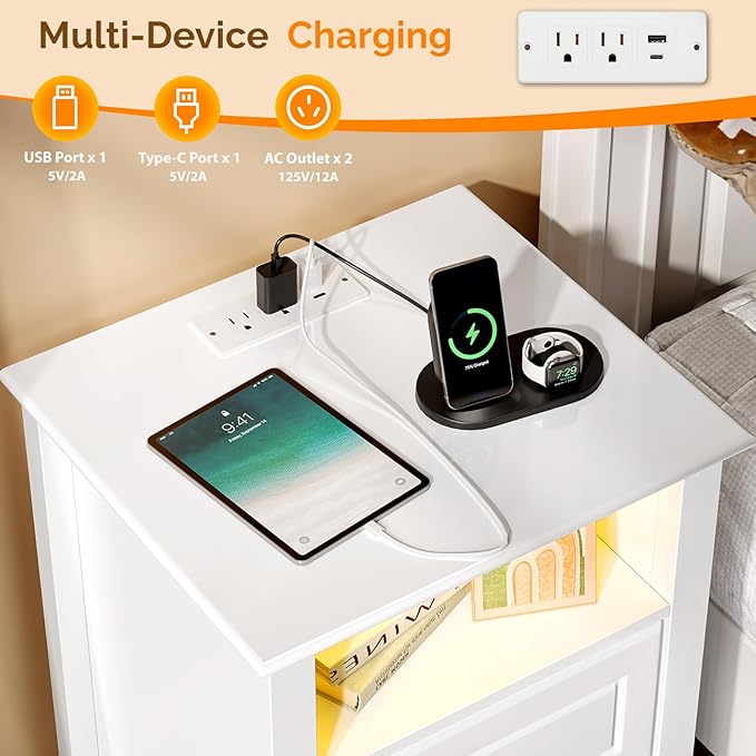 Bonnlo White Night Stand with Charging Station, Led Nightstand White Wood - Image 4