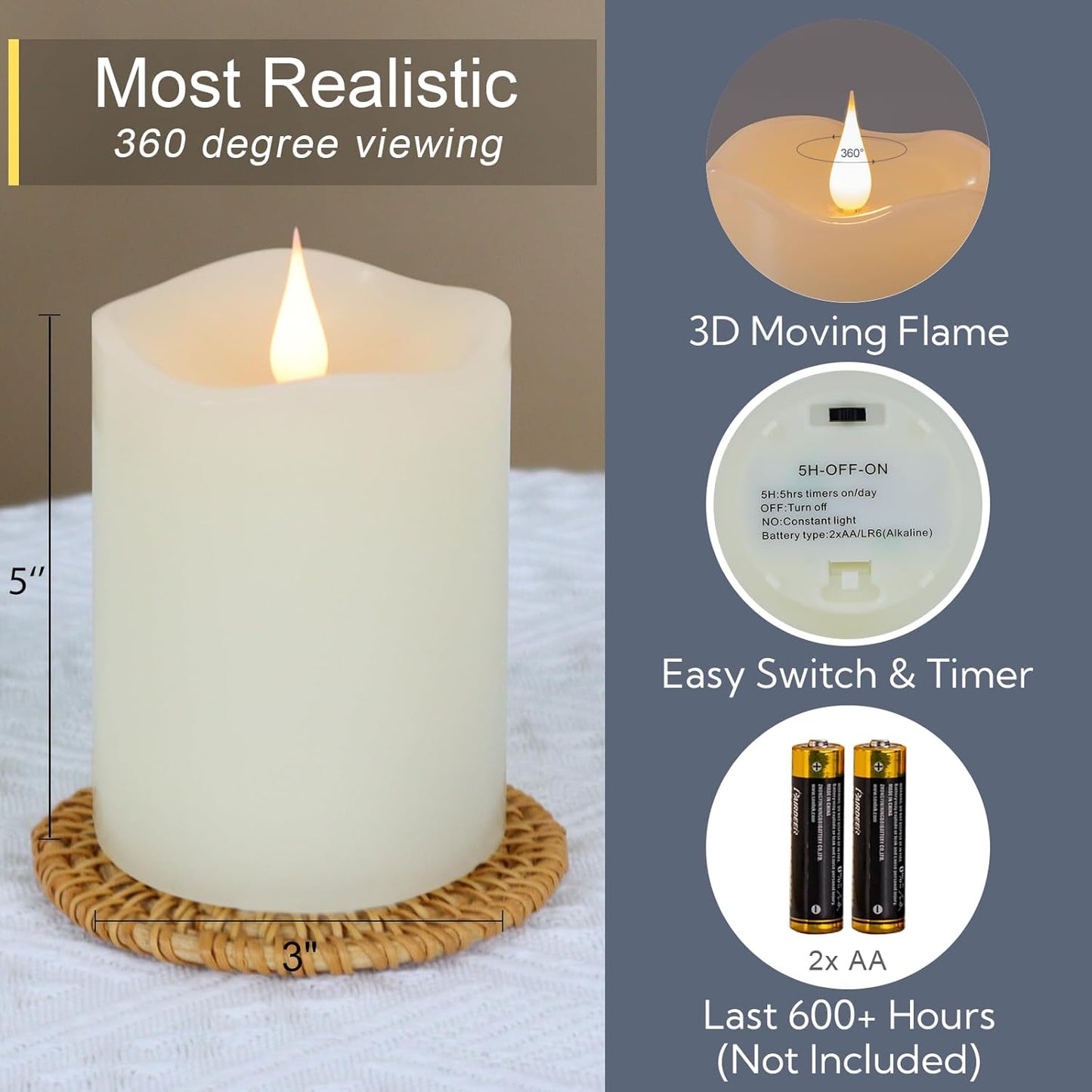 Flameless Candles Battery Operated with Timer, 3D Moving Flame Flickering, Last 600+ Hours Battery Candles, 3" x 5" Ivory Real Wax Electric LED Candle for Wedding Party Decorations