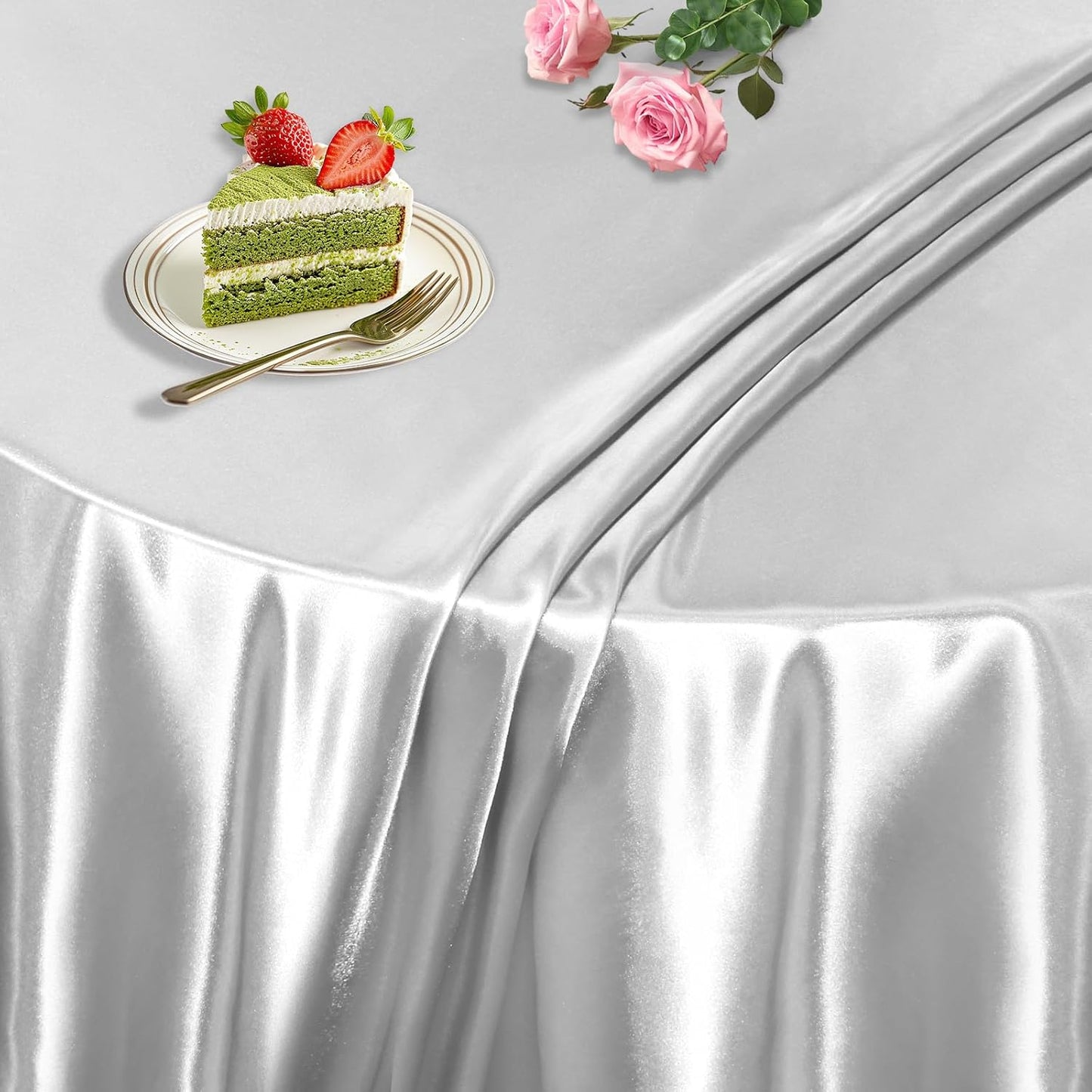 KKJIAF 1 Pack 108 Inch Round Table Cloth, Silver Overlay Round Satin Table Cover, Silky Satin Dining Tablecloths for Wedding Buffet Parties Banquet Decoration