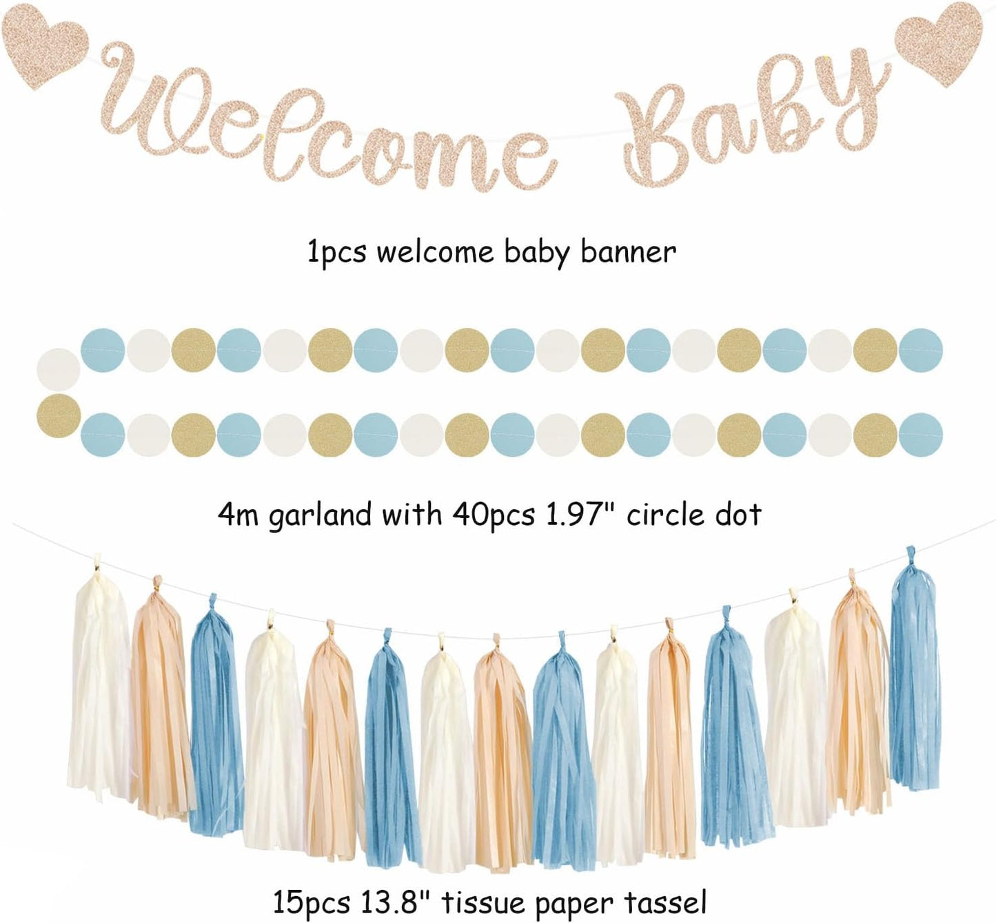 Light-Dusty Blue Beige-Champagne Baby-Shower Party-Decorations - 31pcs Welcome Home Banner Sign,Boy Paper Lanterns,Neutral Streamers Garland,Boho Tissue Pom Poms Flowers Fans Backdrop Decor Burgleda