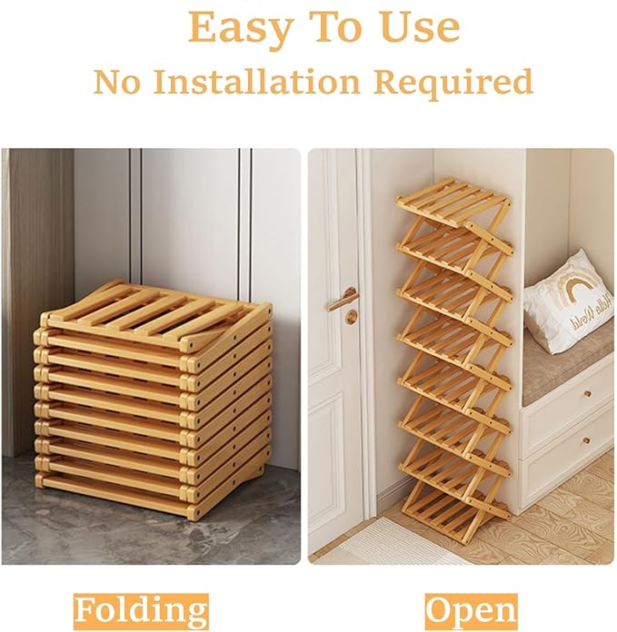 Foldable Shoe Rack, Bamboo Vertical Shoe Organizer Tall - Image 5