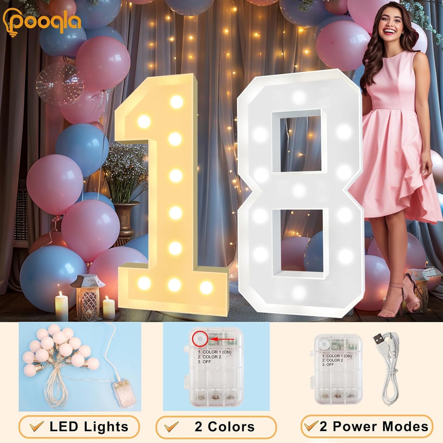Pooqla 4 FT Light Up Marquee Numbers, Cool White and Warm White LED Large Lighted Marquee Numbers, Giant Mosaic Light Up Numbers for Balloons 6th 16th 60th Birthday Party Decoration, LED Number 6