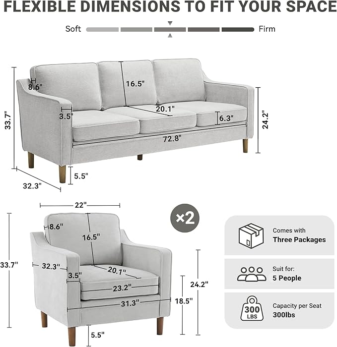 Kingfun Living Room Furniture Sets, 3 Seater Couch and 2 Armchair, Mid Century - Image 2