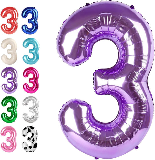 40 Inch Purple 3 Large Number Balloon, 3 13 23 30 33 36 38 Purple Birthday Party Decorations, Number Three Foil Balloons for Anniversary Party Graduations Celebration Supplies