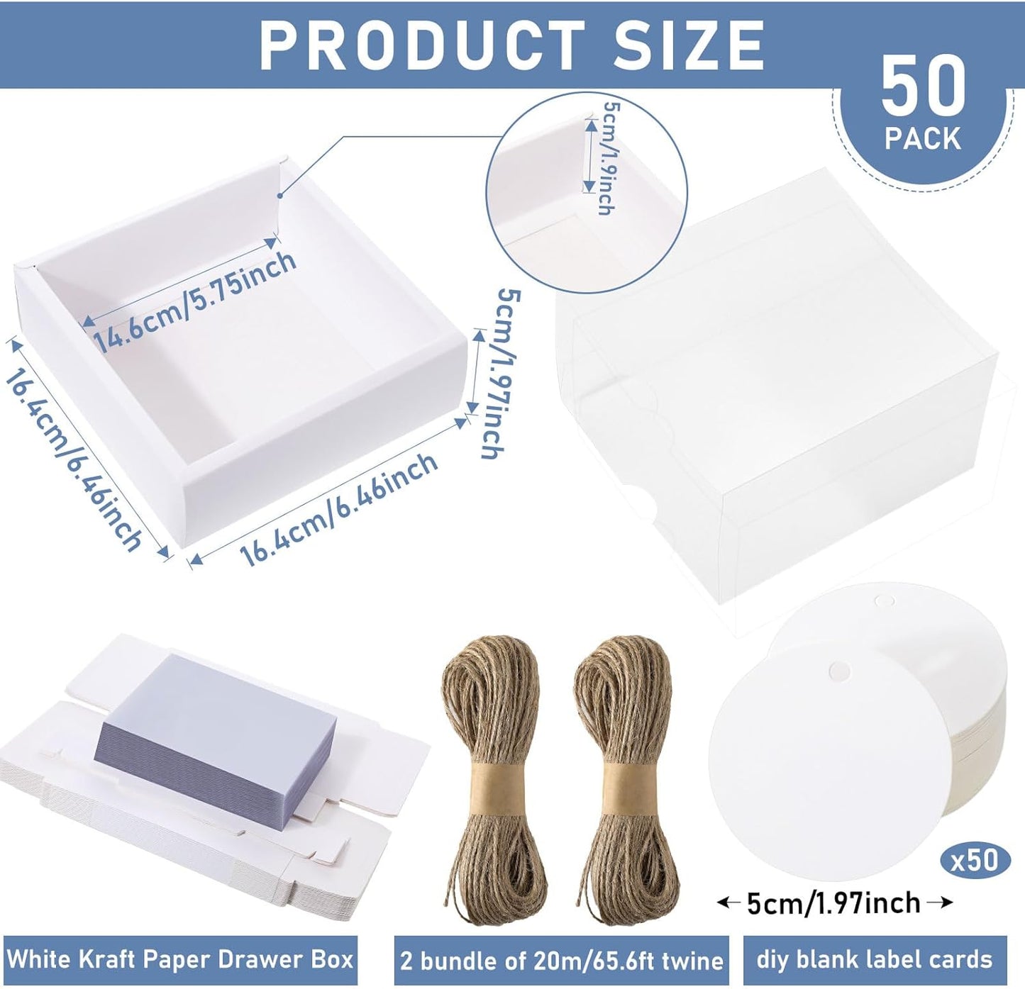 Roowest 50 Sets Kraft Soap Boxes Rectangle Packaging Box with Window Homemade Gift Box with Blank Tags and Jute String for Jewelry Candy Wrapping Party Favor(6.5 x 6.5 x 2 Inch,White)