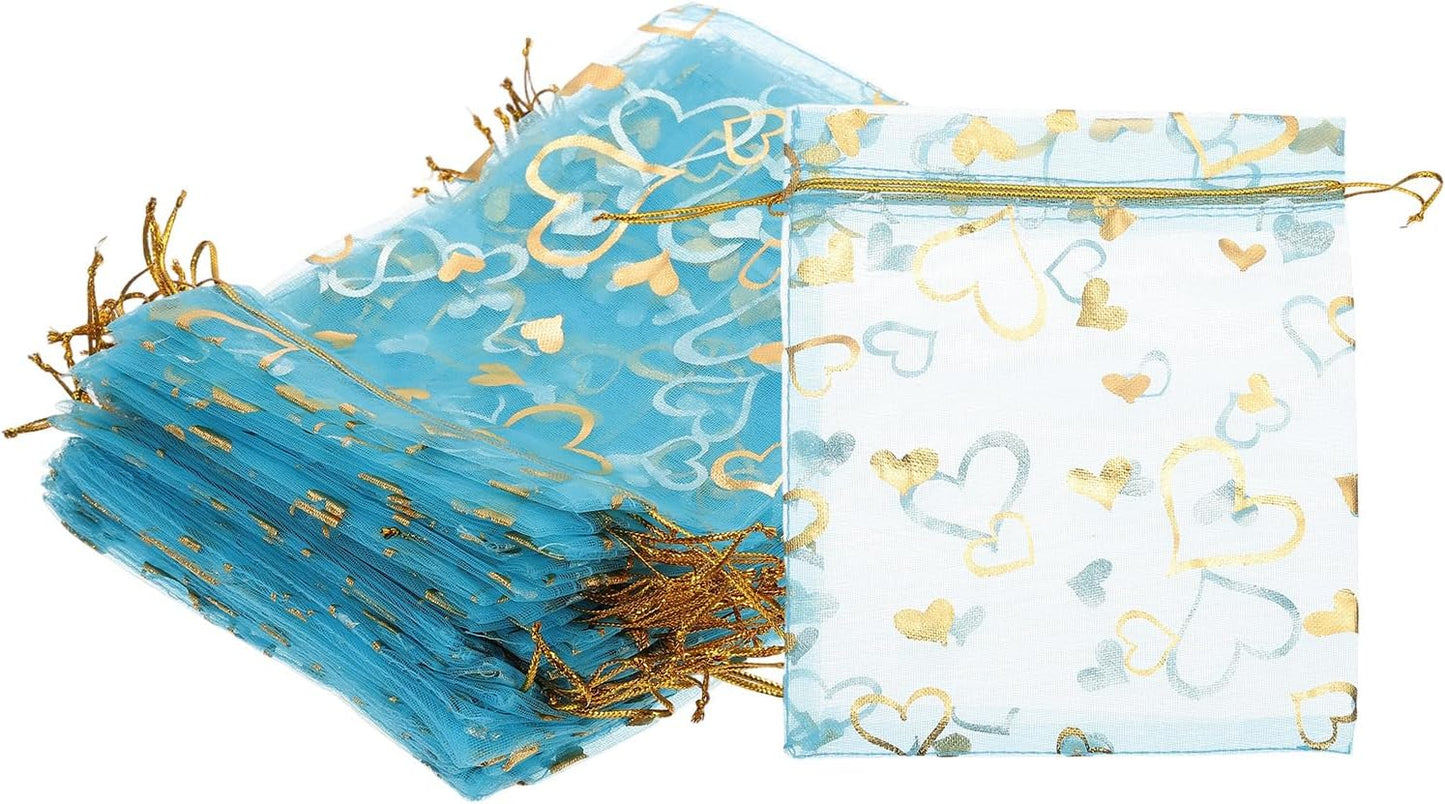 PATIKIL 100 Pcs 5x7 Inch Heart Printed Organza Bags, Lake Blue Sheer Heart Organza Bags with Drawstring for Christmas Candy Jewelry Party Wedding Favor Gift
