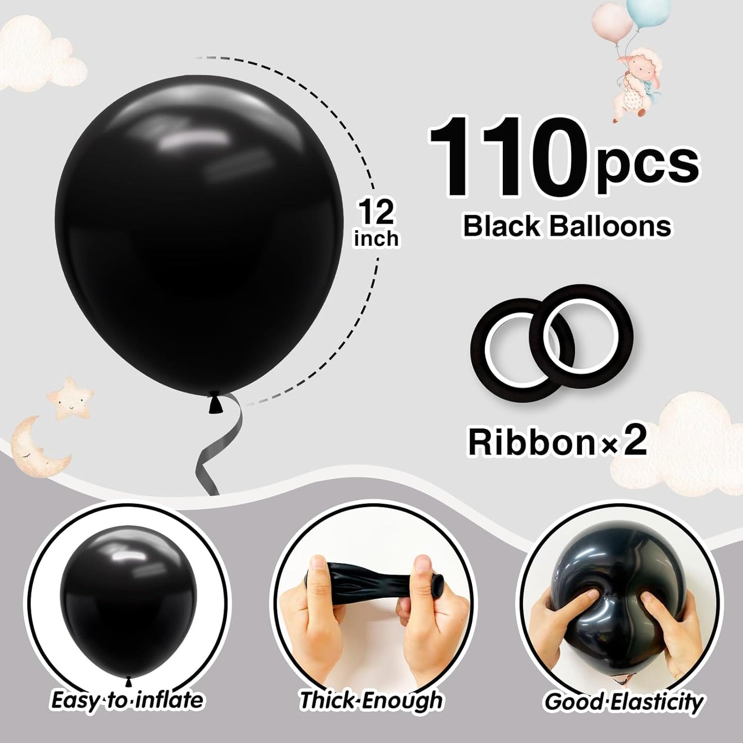 110pcs Black Balloons 12 Inch Black Balloon Arch Kit for Birthday Anniversary Graduation Baby Shower Holiday Party Decorations
