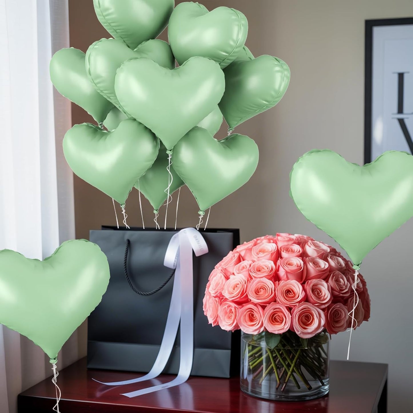 20 Inch Sage Green Heart Balloons, 10 Pcs Heart Shaped Foil Balloons, Pastel Green Helium Balloon for Valentine Bridal Shower Anniversary Wedding Birthday Party Decorations