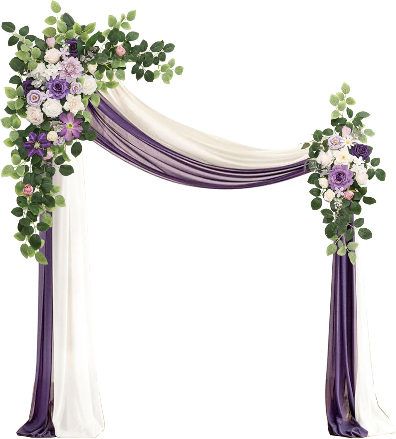 Artificial Wedding Arch Flowers Kit(Pack of 4),2Pcs Artificial Flower Arch Decor, 2Pcs Chiffon Fabric Drapes, Ceremony Decoration, Floral Outdoor Party Decor (Violet & Champagne)