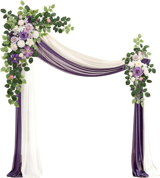 Artificial Wedding Arch Flowers Kit(Pack of 4),2Pcs Artificial Flower Arch Decor, 2Pcs Chiffon Fabric Drapes, Ceremony Decoration, Floral Outdoor Party Decor (Violet & Champagne)