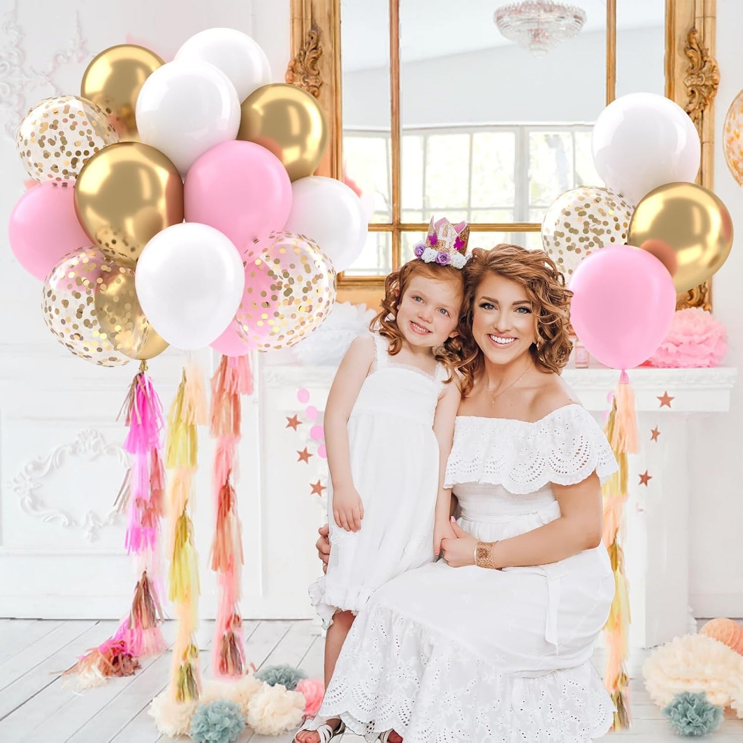 Patimate Pink Gold Confetti Balloons Set, 50 pcs 12 inch Metallic Gold Pastel Pink White Confetti Latex Balloons Kit for Birthday Baby Shower Girl Princess Party Decorations