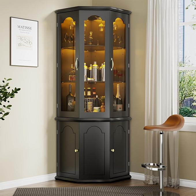 Gyfimoie Corner Bar Cabinet w/LED Lights, Tall Modern Wine Cabinet - Image 3