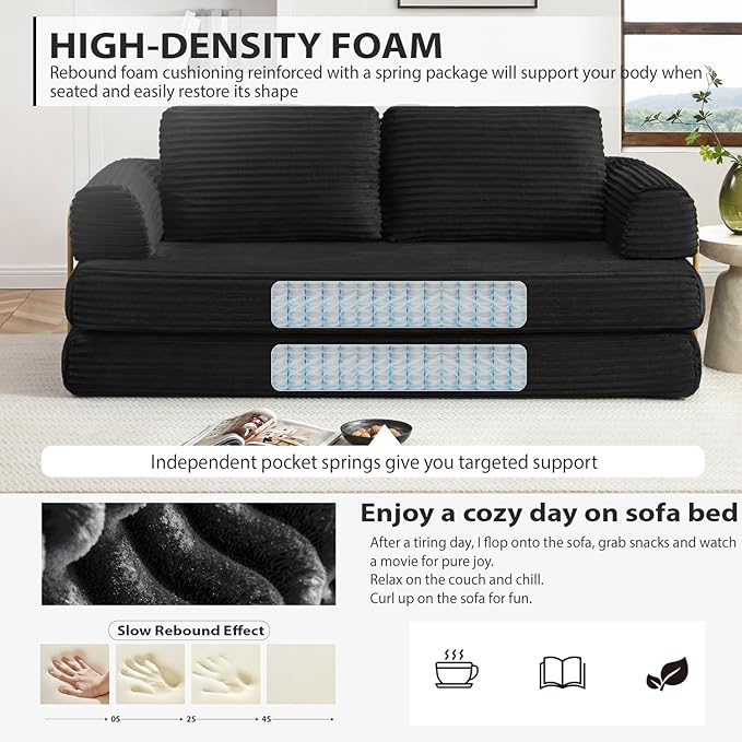 HANXIN 80 Inch Convertible Sleeper Sofa Bed, High Back Plush Corduroy Folding - Image 3