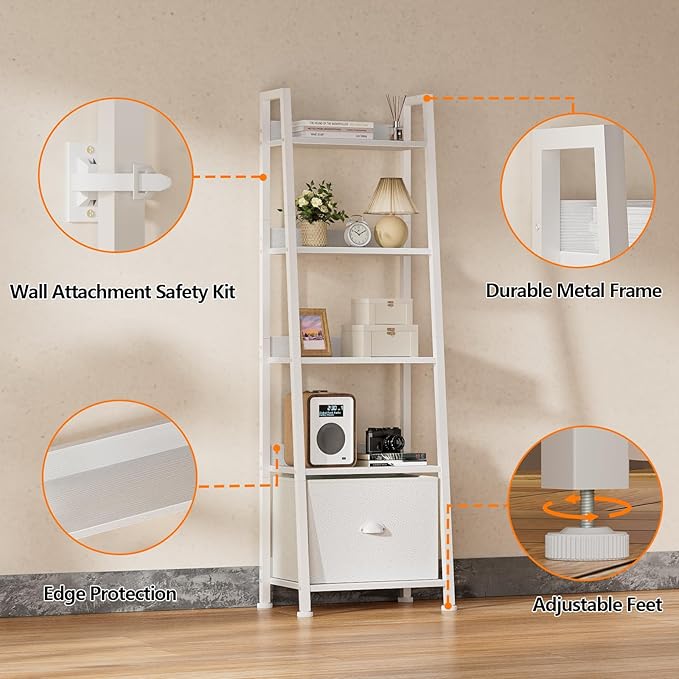 Furologee 5-Tier White Ladder Shelf, Ladder Bookshelf - Image 8