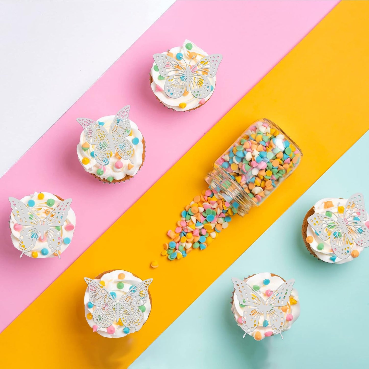 Gyufise 36 Pack Silver Glitter 3D Butterfly Cupcake Toppers Hollow Cake Decorations for Birthday Wedding Fairy Party Wall Sticker Decal