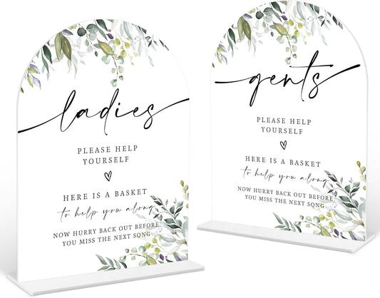 2 Pcs Greenery Wedding Bathroom Ladies & Gents Signs, 6 x 8 Inch White Arch Acrylic Wedding Sign with Holder, Wedding Sign for Ceremony and Reception, Wedding Decoration, Wedding Supplies - LY32