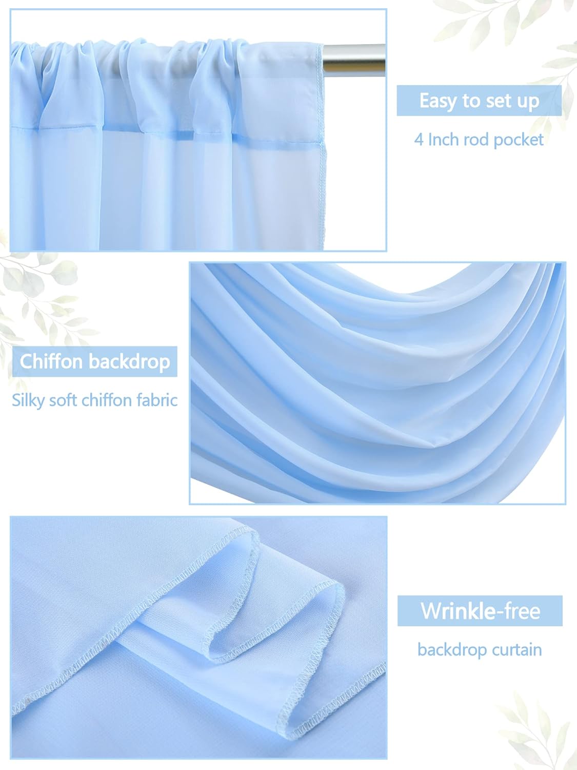 PARTISKY 10ftx7ft Blue Chiffon Backdrop Curtains, Wrinkle-Free Sheer Fabric Photo Drapes for Wedding Ceremony Arch Birthday Baby Shower Photography Stage Decor 5ft x 7ft, 2 Panel