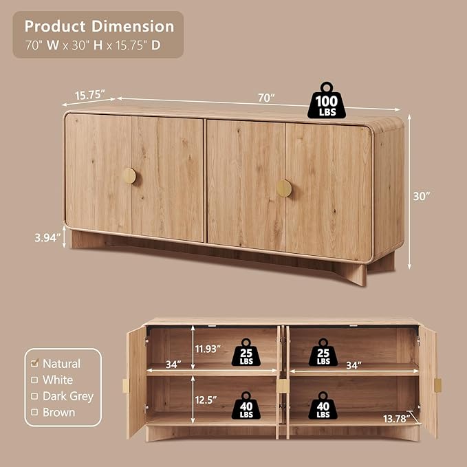 IFGET 70" Modern TV Stand for TVs Up to 80 inches, TV Console - Image 2