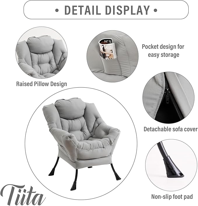 Tiita Lazy Chair with Ottoman, Light Grey Modern Large Accent Chair, Comfy - Image 2