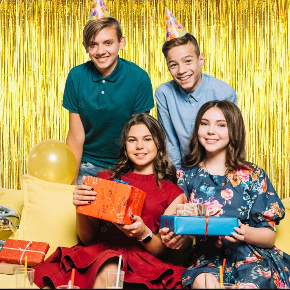 BEISHIDA 2 Pcs Gold Door Streamers Tinsel Curtain Party Streamers Backdrop Fringe Foil Wall Background for Birthday Halloween Christmas Wedding Party Decoration(3.28 ft x 6.56 ft)