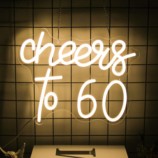 Cheers to 60 Neon Sign - 60th Birthday LED Neon Lights - Warm White - Happy Birthday Signs for Wall Decor - 60 Years LED Signs for Wall, Bedroom, Bar, Wedding, Party Decor