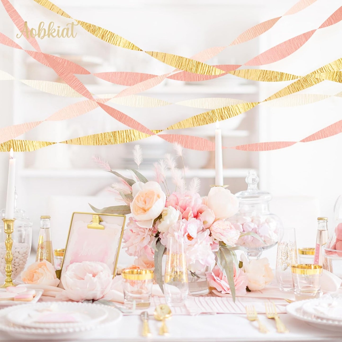 AOBKIAT Wedding Party Decorations, 8 Rolls Pink Gold Crepe Paper Streamers for Wedding, Bachelorette, Birthday, Baby Bridal Shower, Valentines Day Party Backdrop Decorations, 82ft Long