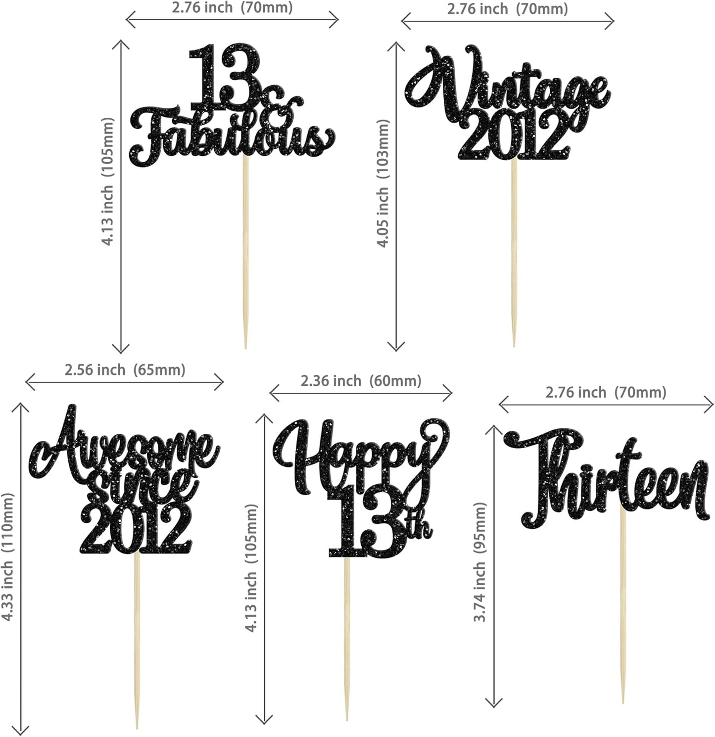 30Pcs Happy 13th Birthday Cupcake Toppers Glitter Thirteen Vintage 2012 Cupcake Picks Cheers to 13 Fabulous Cake Decorations for 13th Birthday Wedding Anniversary Party Supplies Black
