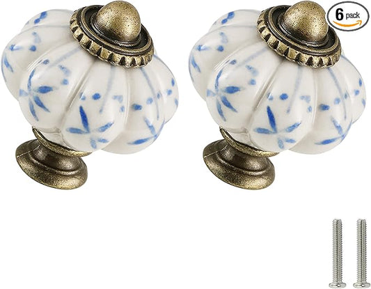 Ivory & Blue Pumpkin Knobs 6 Pack Ceramic Cabinet Knobs Vintage Drawer Pulls by Zernmiarder
