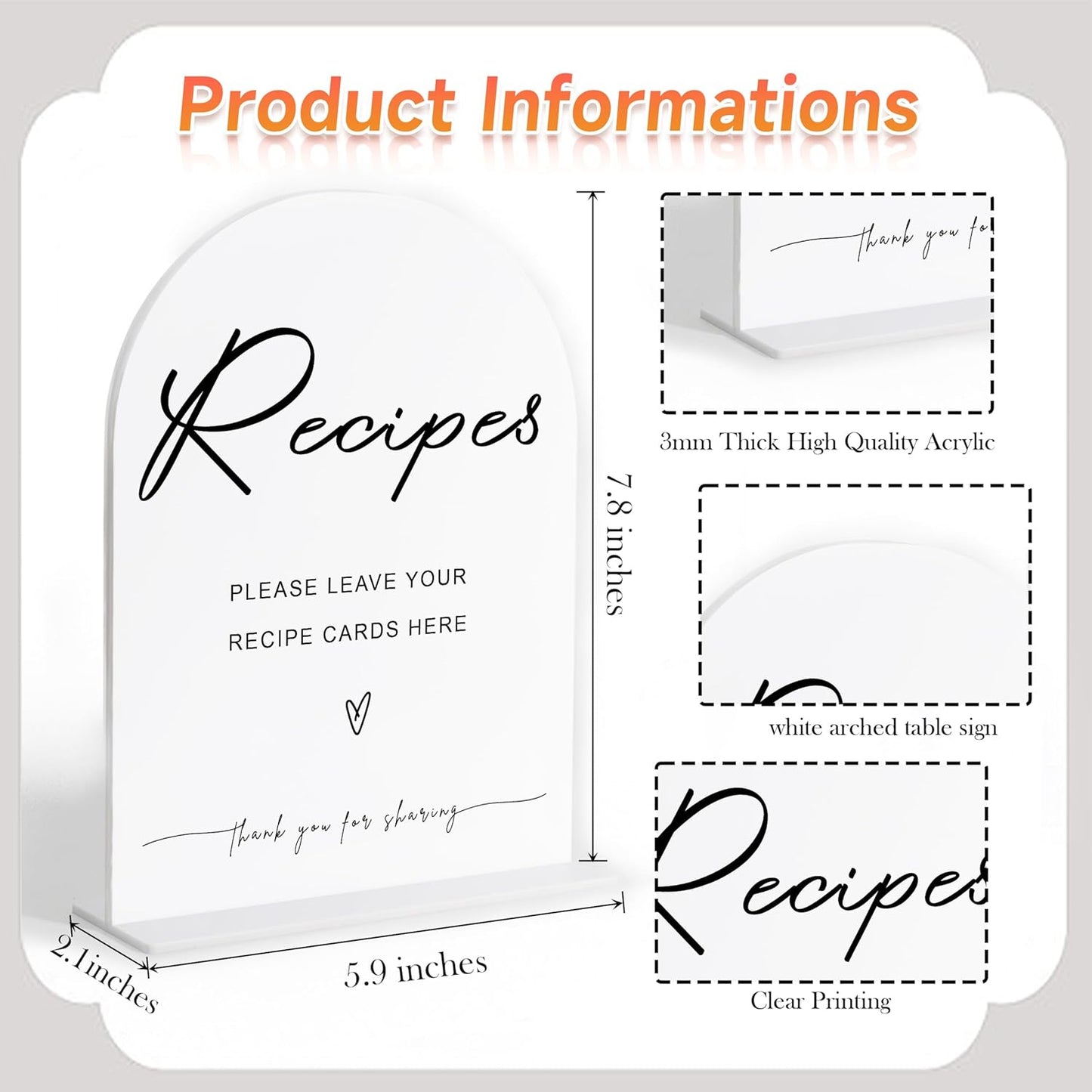 Leave Your Recipe Card Sign, White Arch Acrylic Wedding Sign, Recipe Cards for Bridal Shower, Bridal Shower Decor, Wedding Reception Decorations, Centerpiece Table Decorations Party for Bride-8