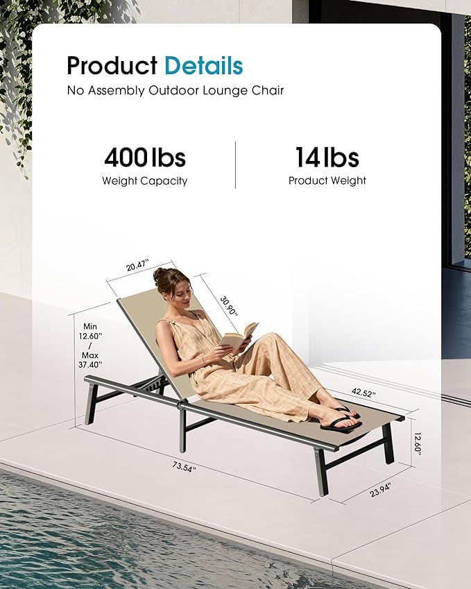 Ciokea Foldable Outdoor Lounge Chair, No Assembly Patio Chaise Lounge Outdoor - Image 2